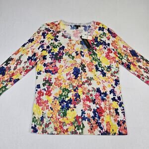 Talbots Womens L Cardigan Sweater Floral Colorful Lightweight Layer 3/4 Sleeve